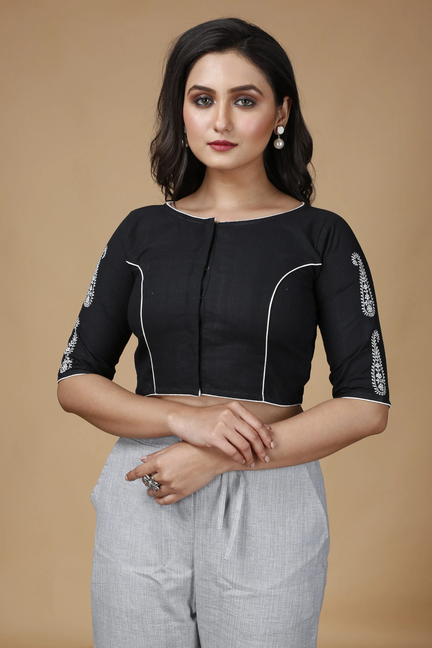 JALPAIBON Boat Neck Cotton Women Short Sleeve Blouse In Black-JALPBL-24-02-138