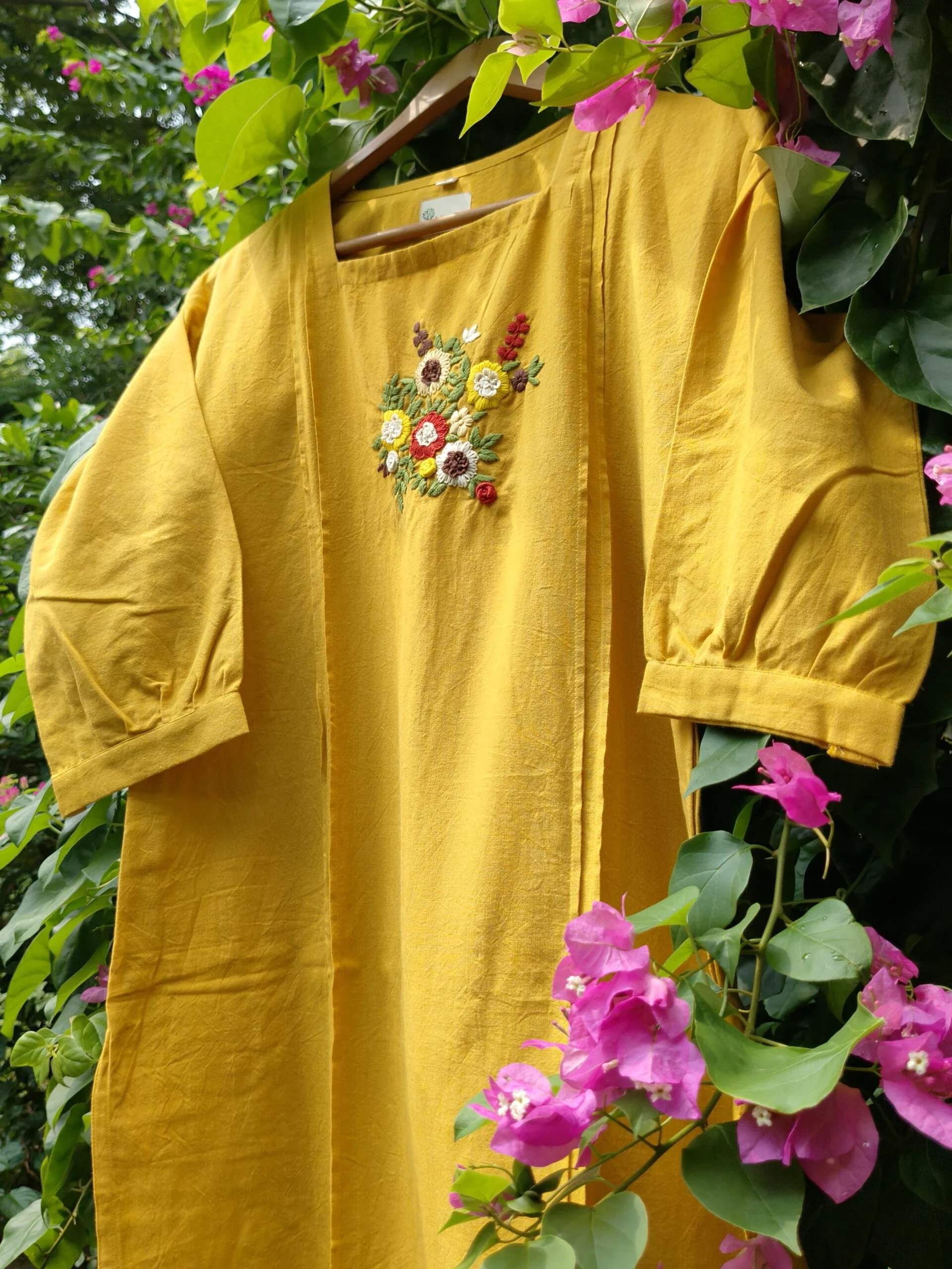 JALPKR-25_11-scaled-1.jpg JALPAIBON Women’s Hand Embroidered Square Neck 3/4 Sleeve Floral Cotton Kurti (Yellow)