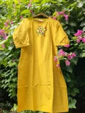 JALPAIBON Women’s Hand Embroidered Square Neck 3/4 Sleeve Floral Cotton Kurti (Yellow)