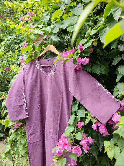 JALPAIBON Women’s 3/4 Sleeve Hand Embroidered V-Neck Cotton Long Kurti (Purple)