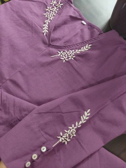 JALPAIBON Women’s 3/4 Sleeve Hand Embroidered V-Neck Cotton Long Kurti (Purple)