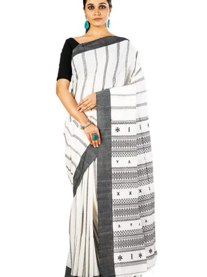 Jalpaibon Self Woven Black Bordered Off White Handloom Pure Cotton Saree