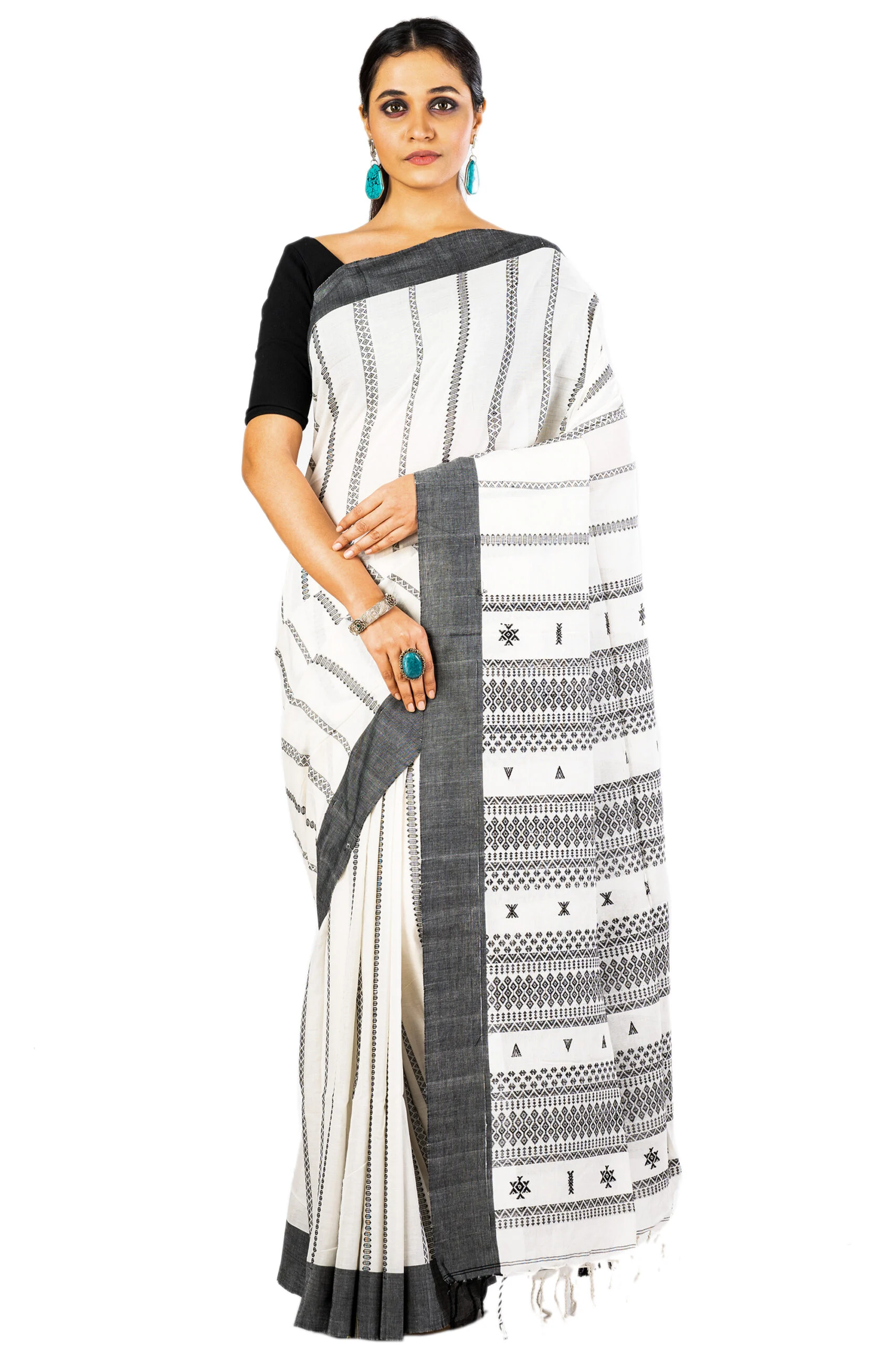 Jalpaibon Self Woven Black Bordered Off White Handloom Pure Cotton Saree