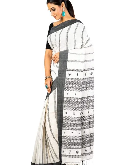Jalpaibon Self Woven Black Bordered Off White Handloom Pure Cotton Saree