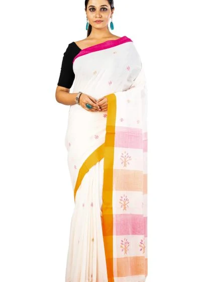 Jalpaibon Woven Bengal Handloom Off White Pure Cotton Saree