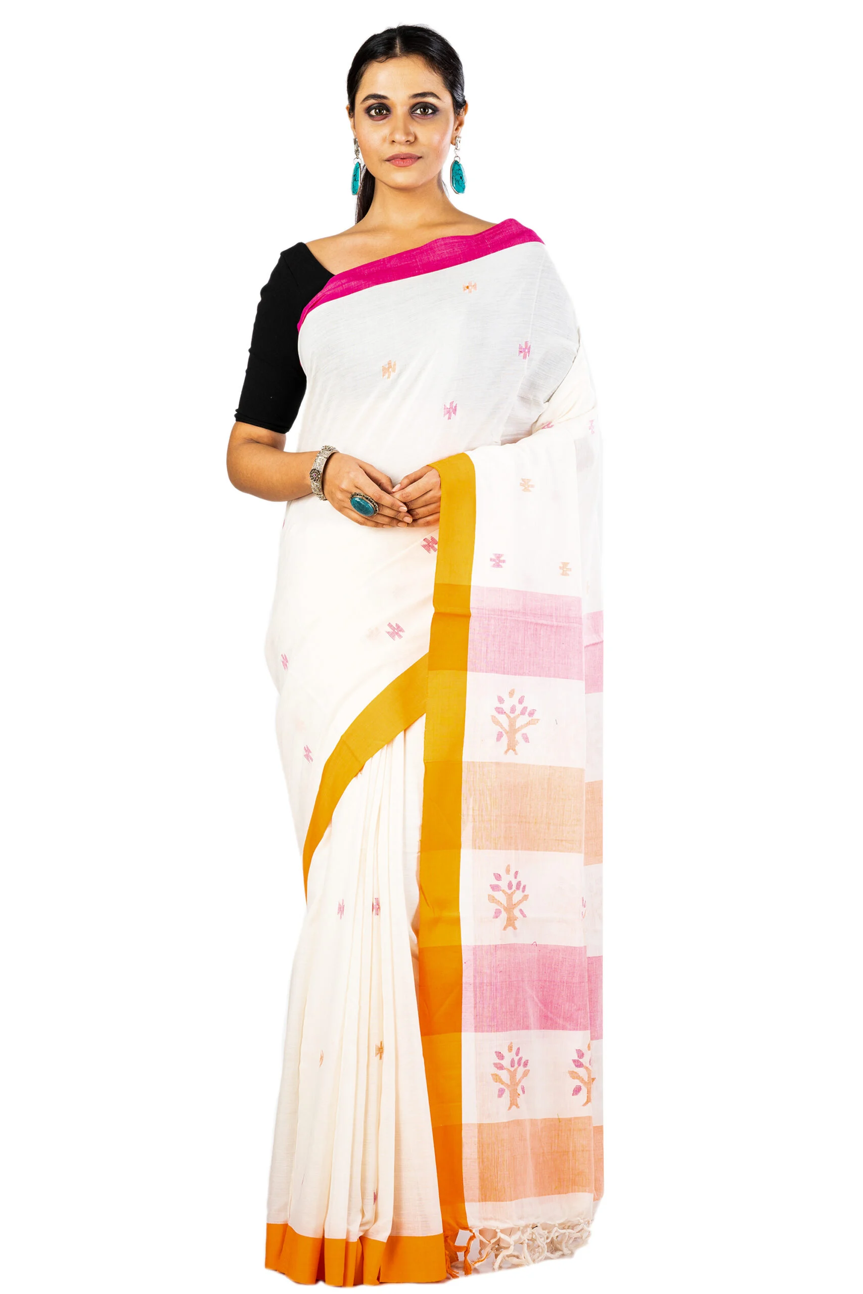 Jalpaibon Woven Bengal Handloom Off White Pure Cotton Saree