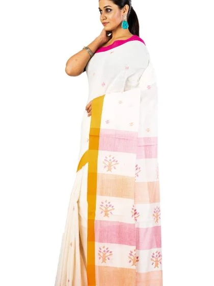 Jalpaibon Woven Bengal Handloom Off White Pure Cotton Saree