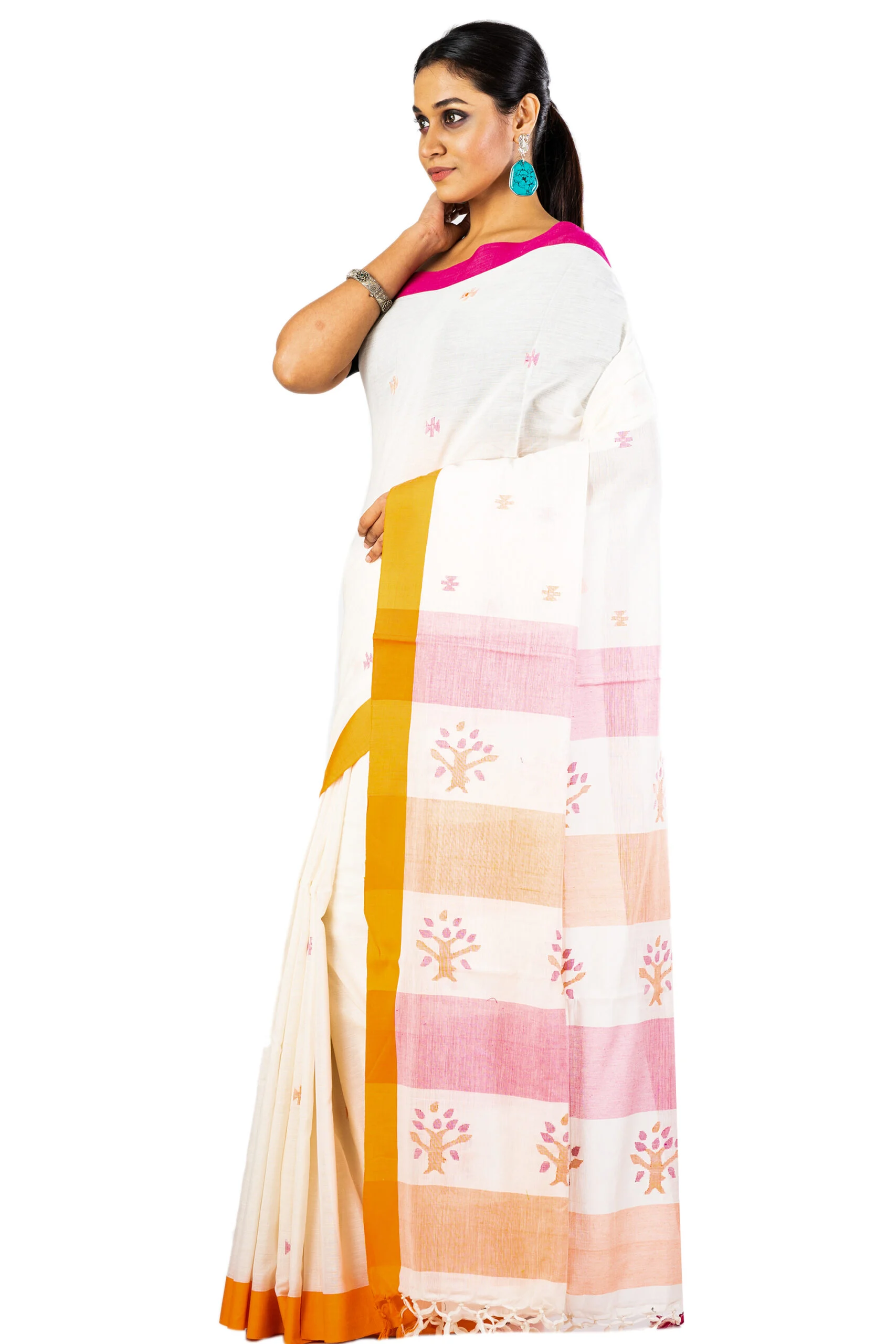 JALPSAR-211042_1-scaled-1.jpg Jalpaibon Woven Bengal Handloom Off White Pure Cotton Saree