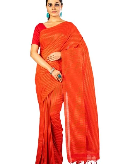 Jalpaibon Zari Woven Handloom Pure Cotton Orange Saree