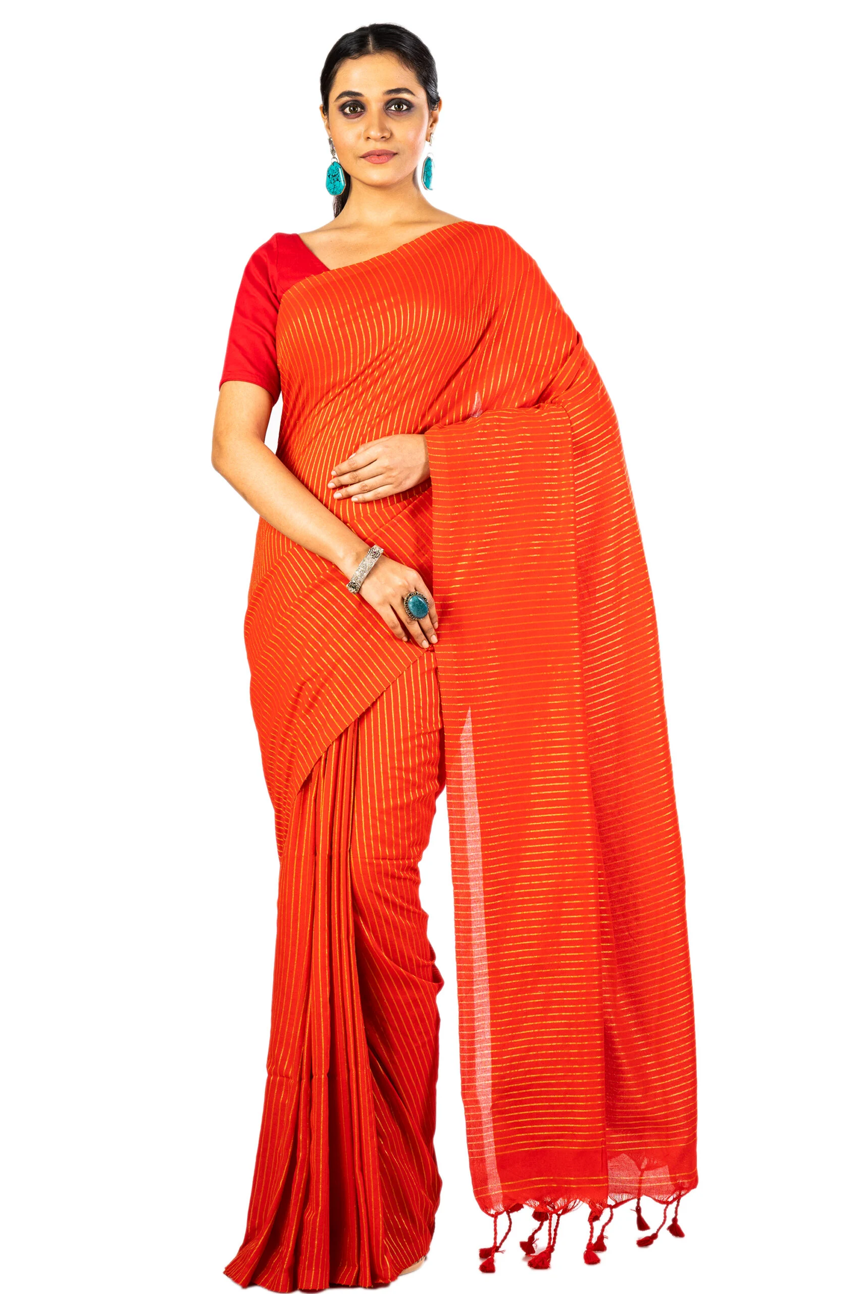 Jalpaibon Zari Woven Handloom Pure Cotton Orange Saree
