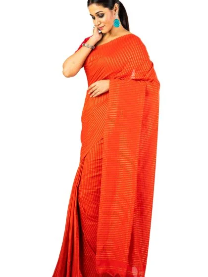 Jalpaibon Zari Woven Handloom Pure Cotton Orange Saree