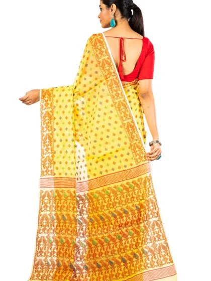 Jalpaibon Yellow Cotton Woven Soft Bengal Jamdani Saree