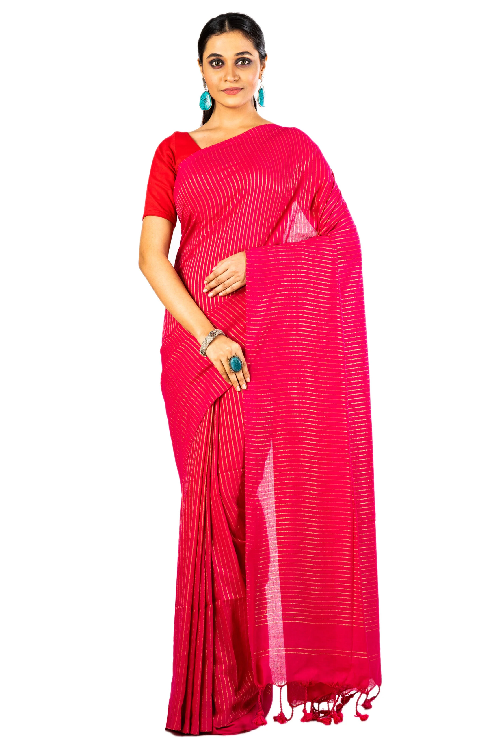 Jalpaibon Red Self Woven Handloom Pure Cotton Saree