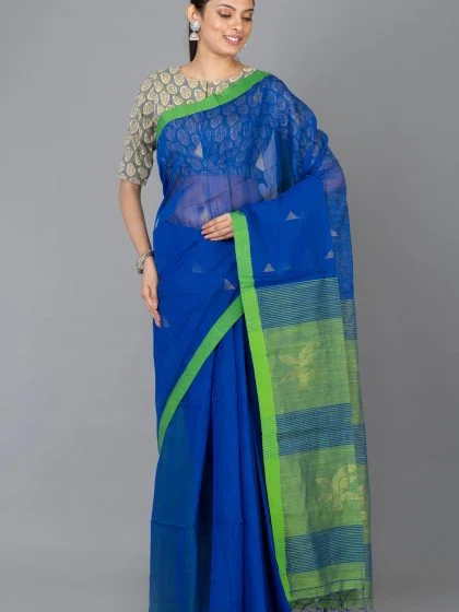 Jalpaibon Woven Green Bordered Blue Cotton Saree
