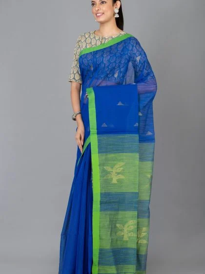 Jalpaibon Woven Green Bordered Blue Cotton Saree