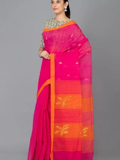Jalpaibon Woven Design Handloom Pure Cotton Saree (Pink)
