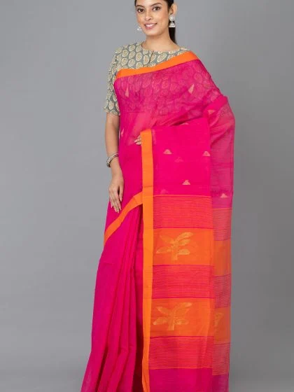 Jalpaibon Woven Design Handloom Pure Cotton Saree (Pink)