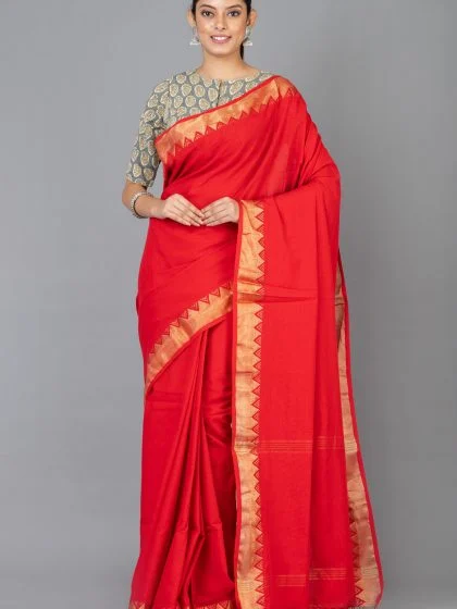 Jalpaibon Red Zari Bordered Handloom Pure Cotton Saree