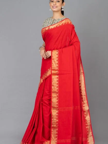 Jalpaibon Red Zari Bordered Handloom Pure Cotton Saree