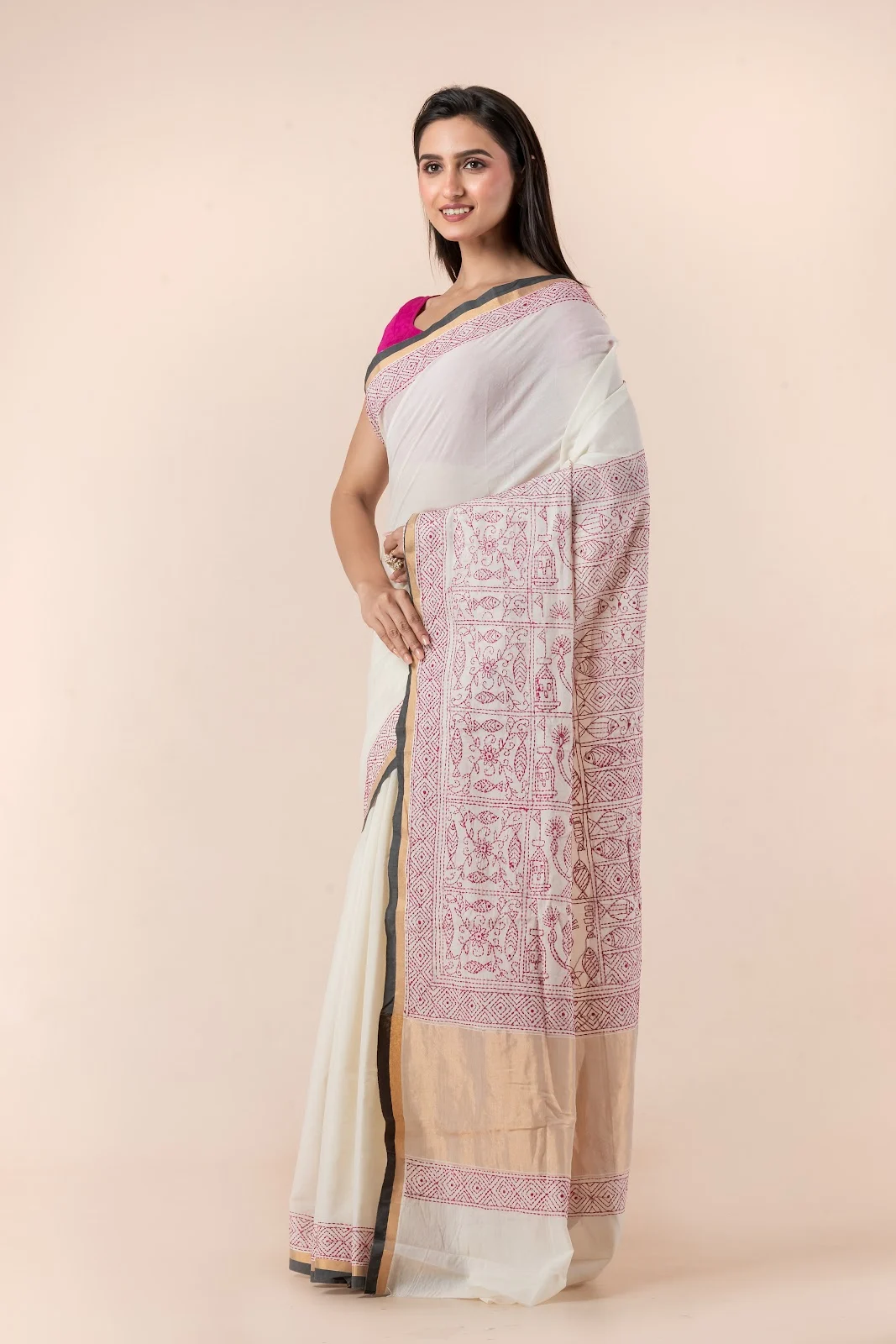 JPSAR 26/03/03-image-4 Jalpaibon Cream Kantha Embroidery Cotton Saree