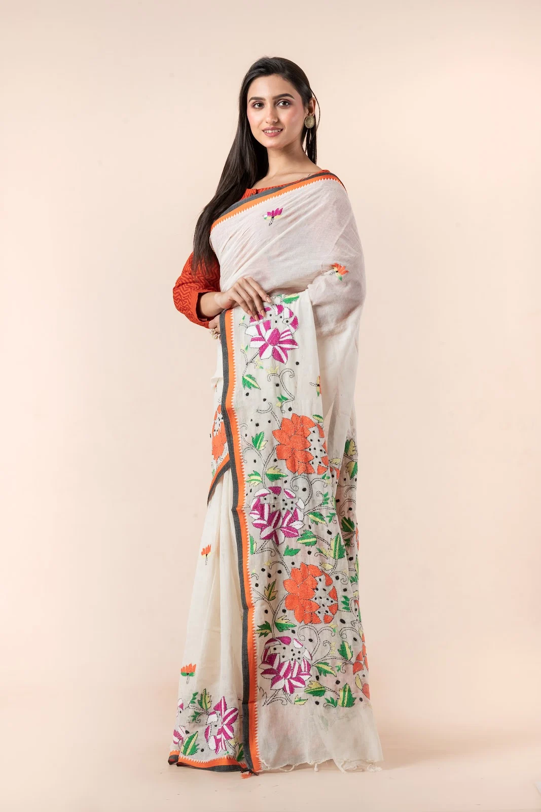 JPSAR 26/03/02-image-3 Jalpaibon Cream Kantha Embroidery Cotton Saree