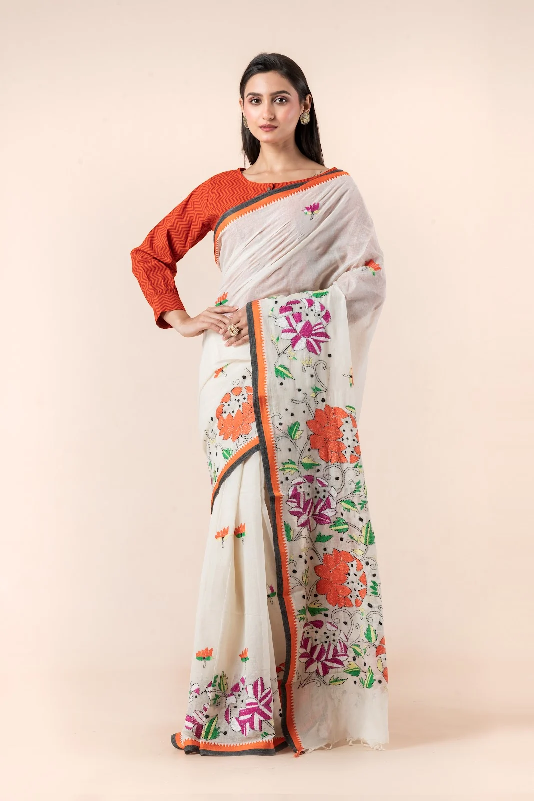JPSAR 26/03/02-image-5 Jalpaibon Cream Kantha Embroidery Cotton Saree