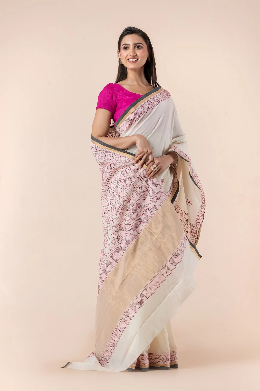 JPSAR 26/03/03-image-3 Jalpaibon Cream Kantha Embroidery Cotton Saree