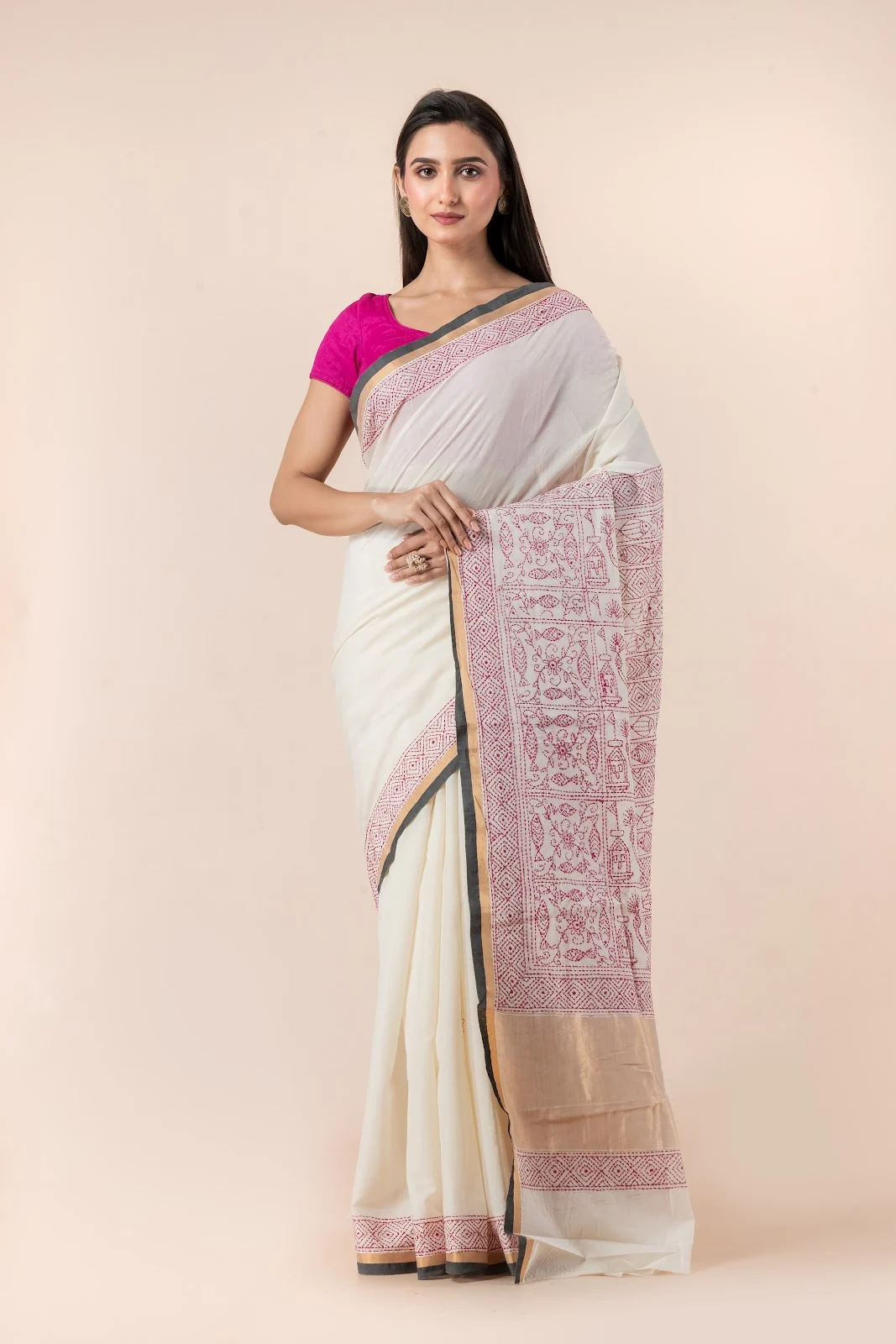JPSAR 26/03/03-image-6 Jalpaibon Cream Kantha Embroidery Cotton Saree