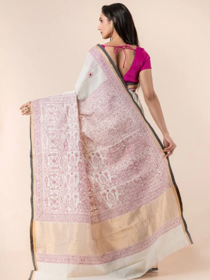 Jalpaibon Cream Kantha Embroidery Cotton Saree