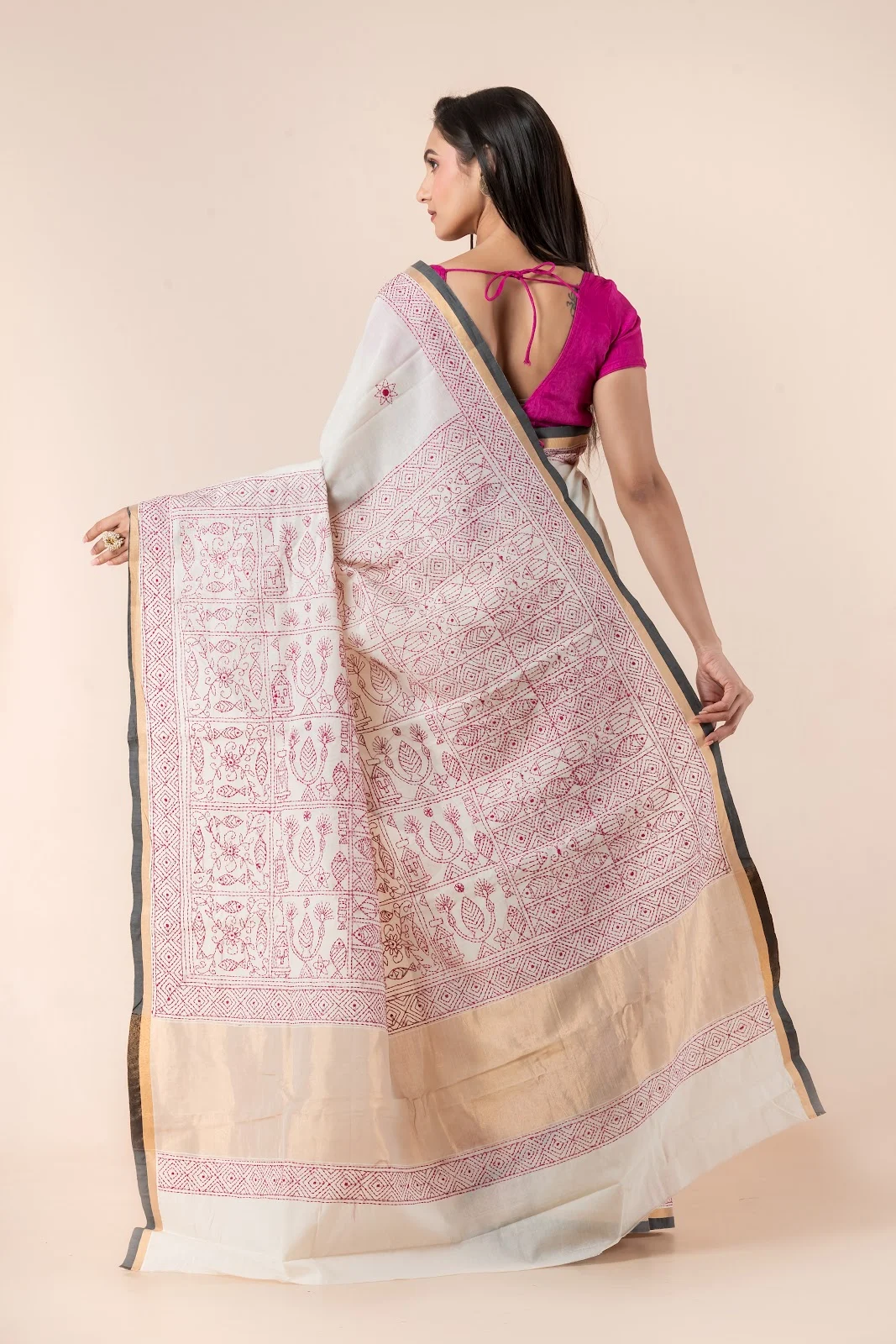 JPSAR 26/03/03-image-2 Jalpaibon Cream Kantha Embroidery Cotton Saree