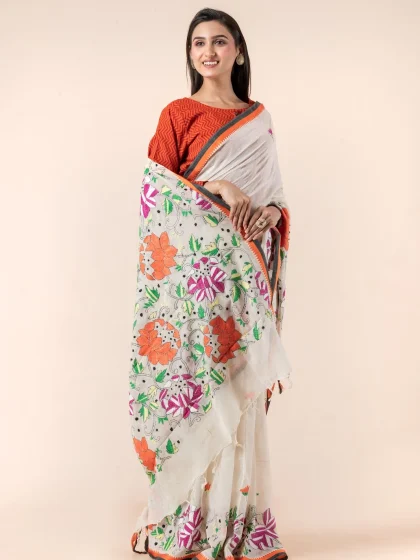 Jalpaibon Cream Kantha Embroidery Cotton Saree