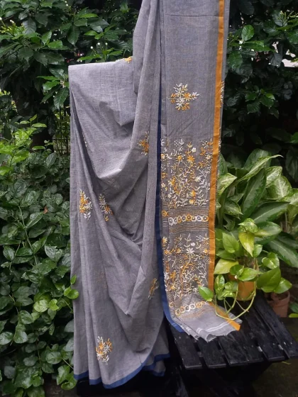 Jalpaibon Grey Hand Embroidered Cotton Saree