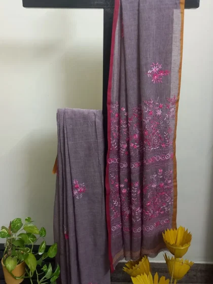 Jalpaibon Grey Hand Embroidered Cotton Saree