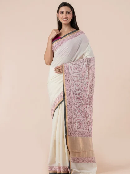 Jalpaibon Cream Kantha Embroidery Cotton Saree