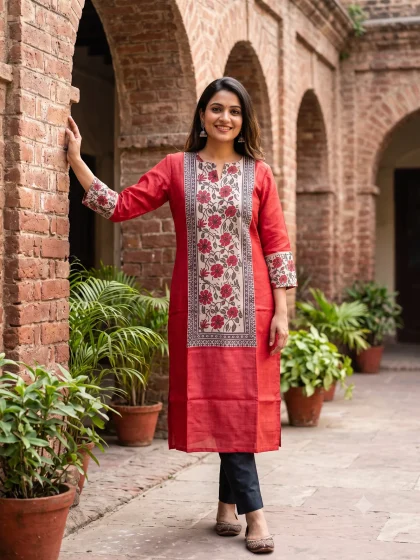 Jalpaibon Red Tassar Women Kurti