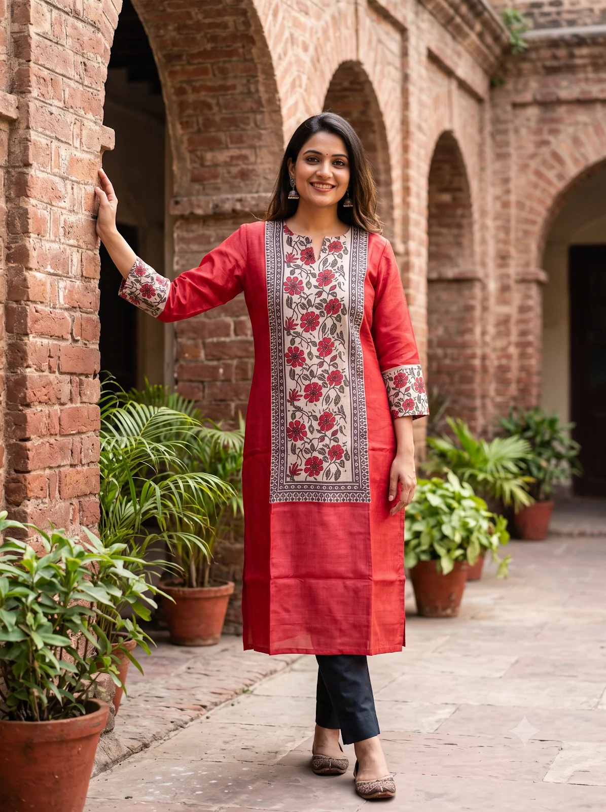 Jalpaibon Red Tassar Women Kurti