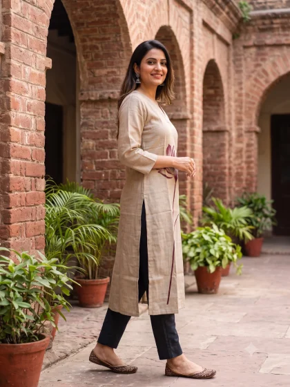 Jalpaibon Beige Tassar Women Kurti