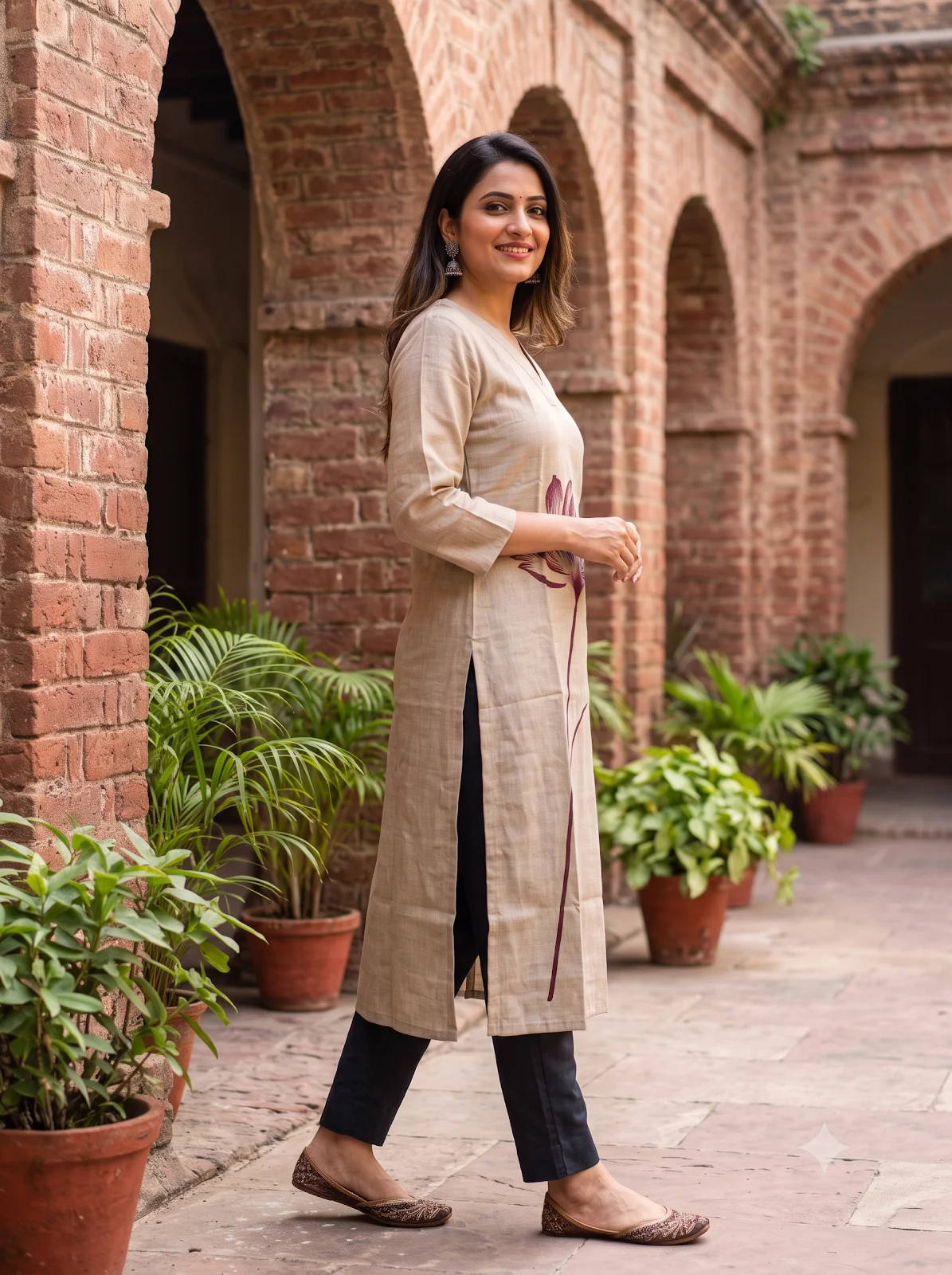 Jalpaibon Beige Tassar Women Kurti